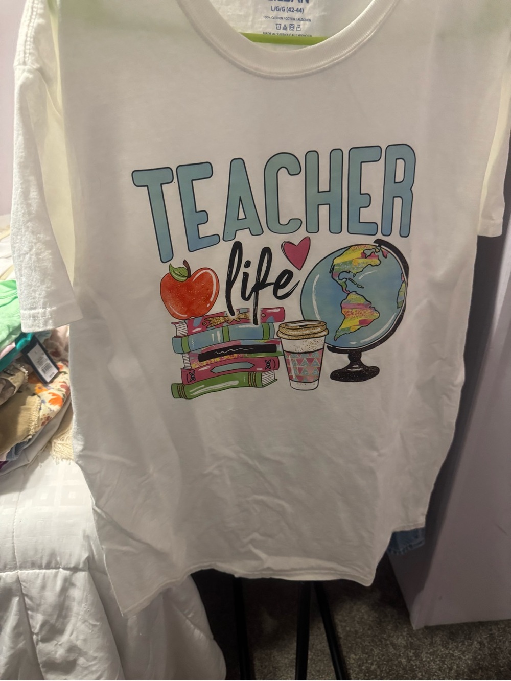 Gildan White "Teacher Life" Graphic Tee with Colorful School Icons